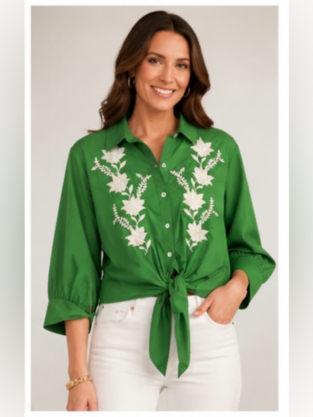 NWT Karen Kane In the Garden Embroidered Tie Front Blouse Green Medium